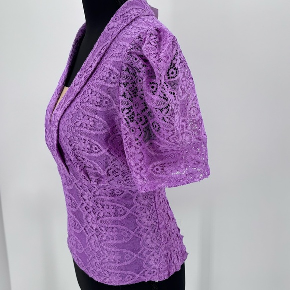 Romantic Lavender Lace bodycon FairyCore Puff Sleeve Plunging Neckline Top - Picture 3 of 5